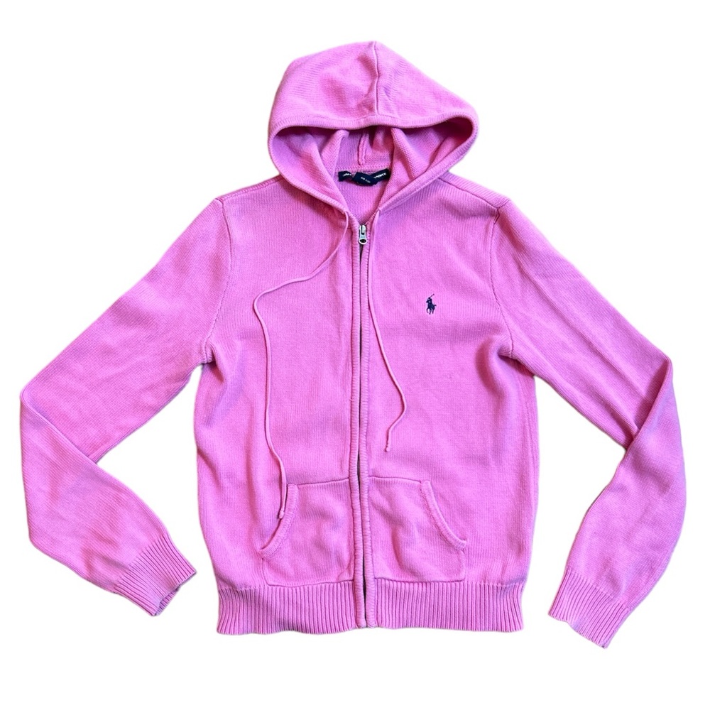 Vintage Y2K Ralph Lauren Sport Knit Hooded Zip Up Jacket Size:L Pink